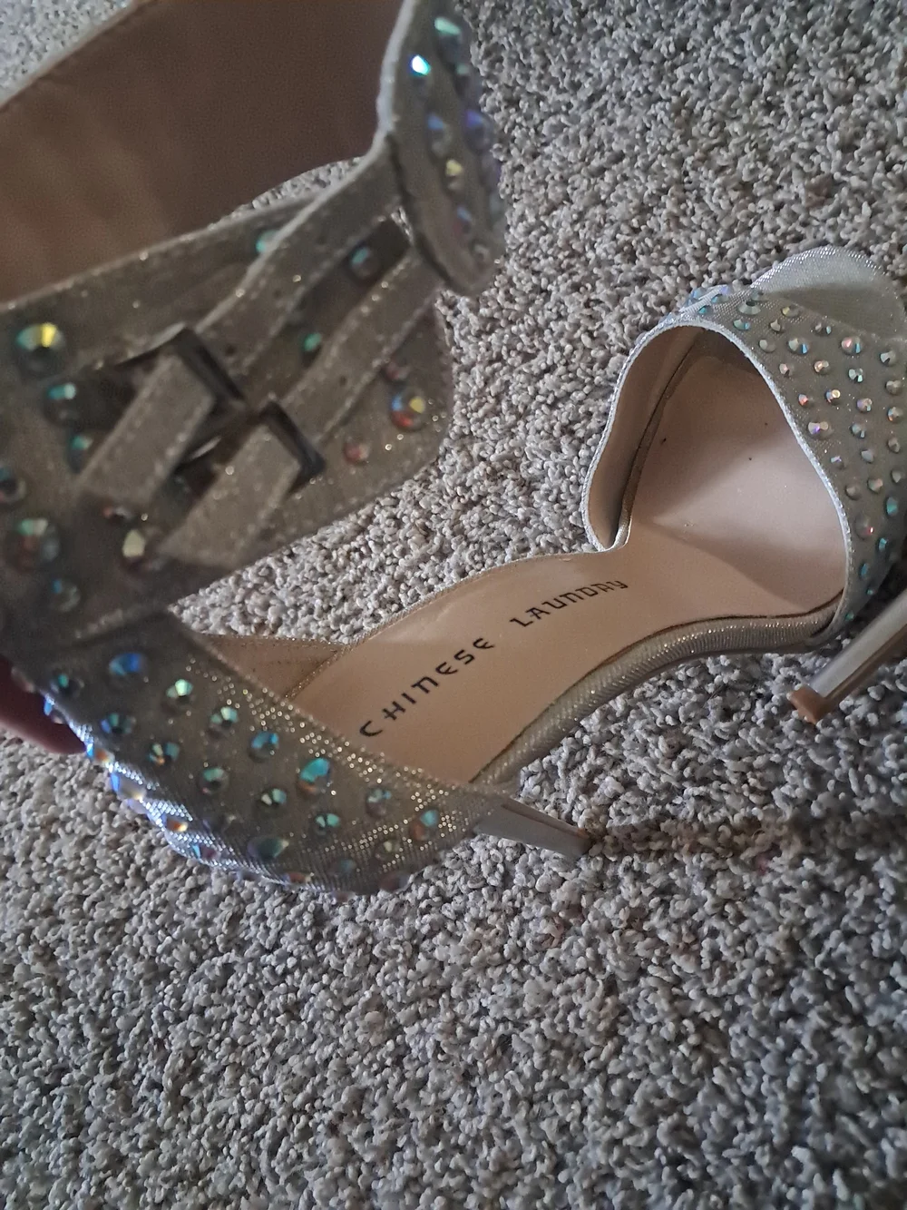 Chinese Laundry Champagne Rhinestone Ankle-Strap Heels